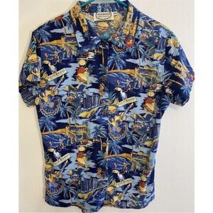 Cheeseburger Restaurant Shirt Wooden Button  Short Sleeve Hawaii Hula Girl Diner